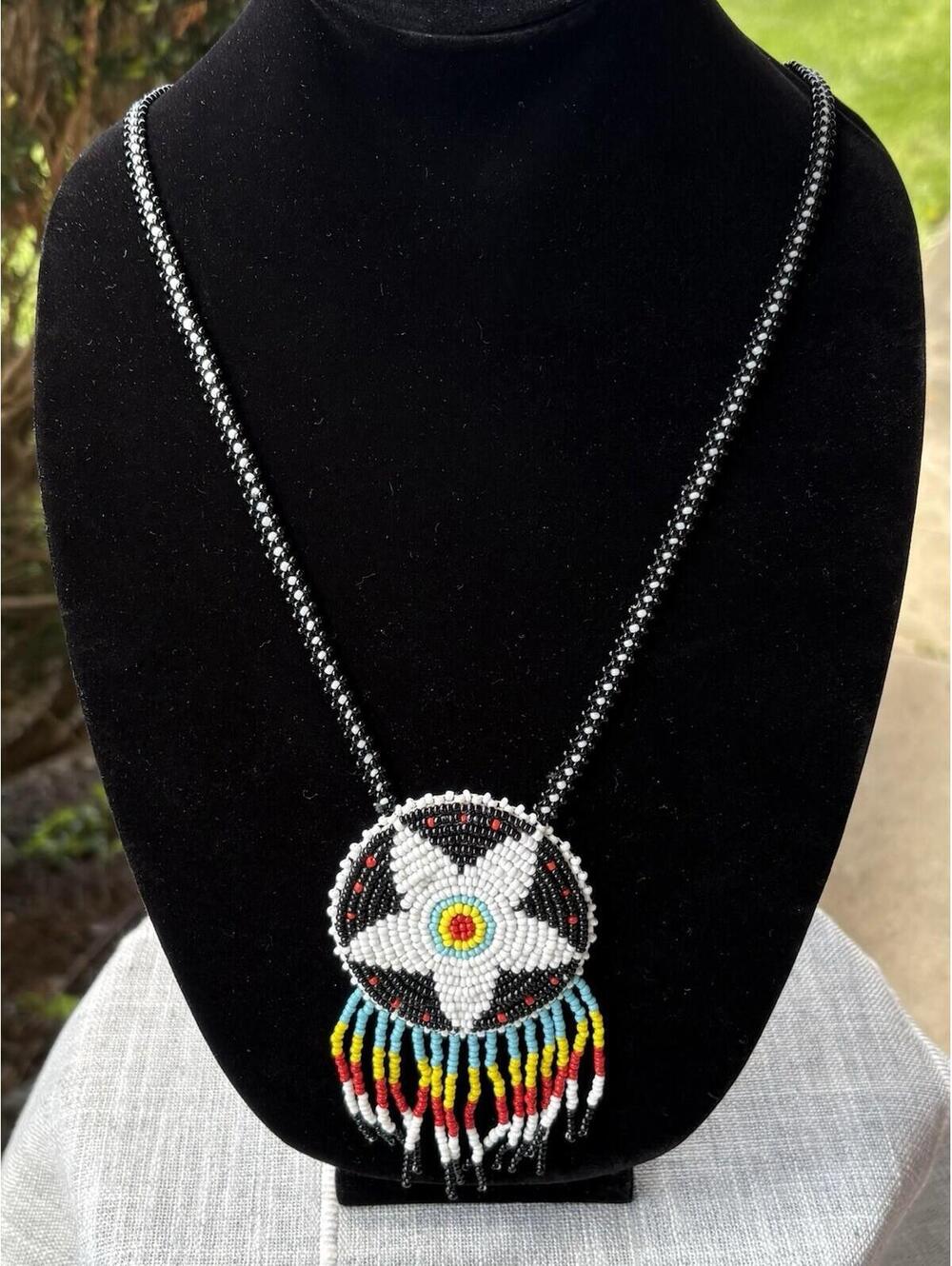 Vintage Native American Style Seed Bead Medallion Necklace Fringe Pendant